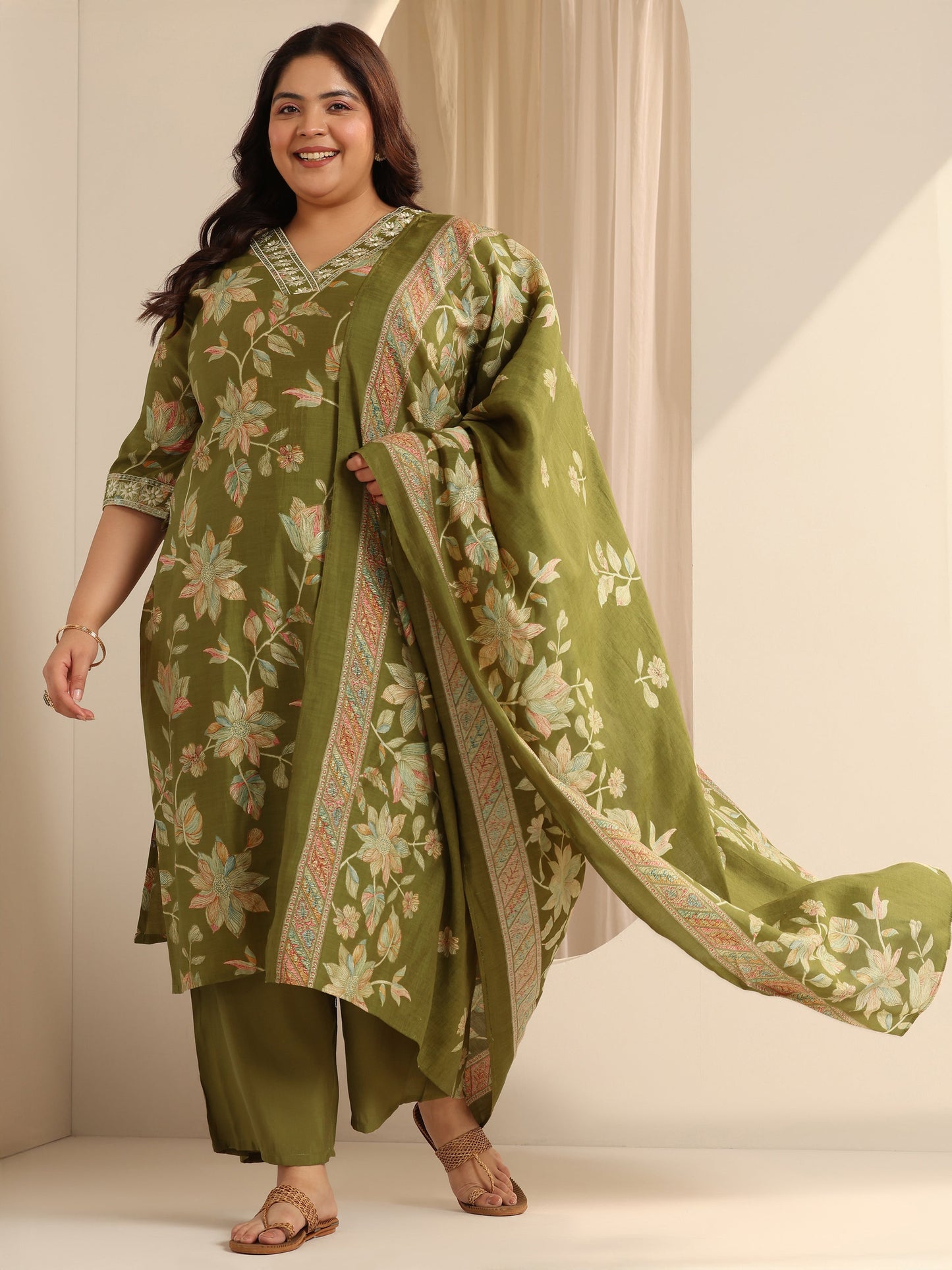 Olive Green Printed Silk blend Straight Suit Set With Dupatta