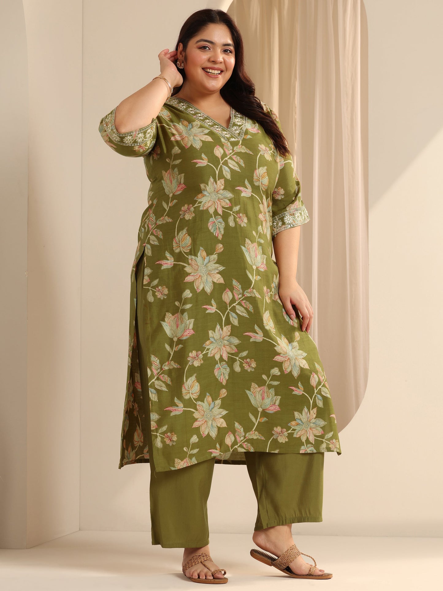 Olive Green Printed Silk blend Straight Suit Set With Dupatta