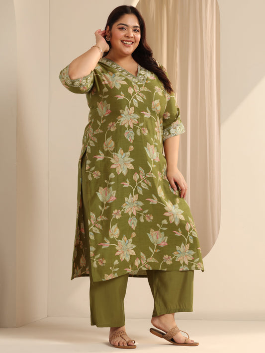 Olive Green Printed Silk blend Straight Suit Set With Dupatta