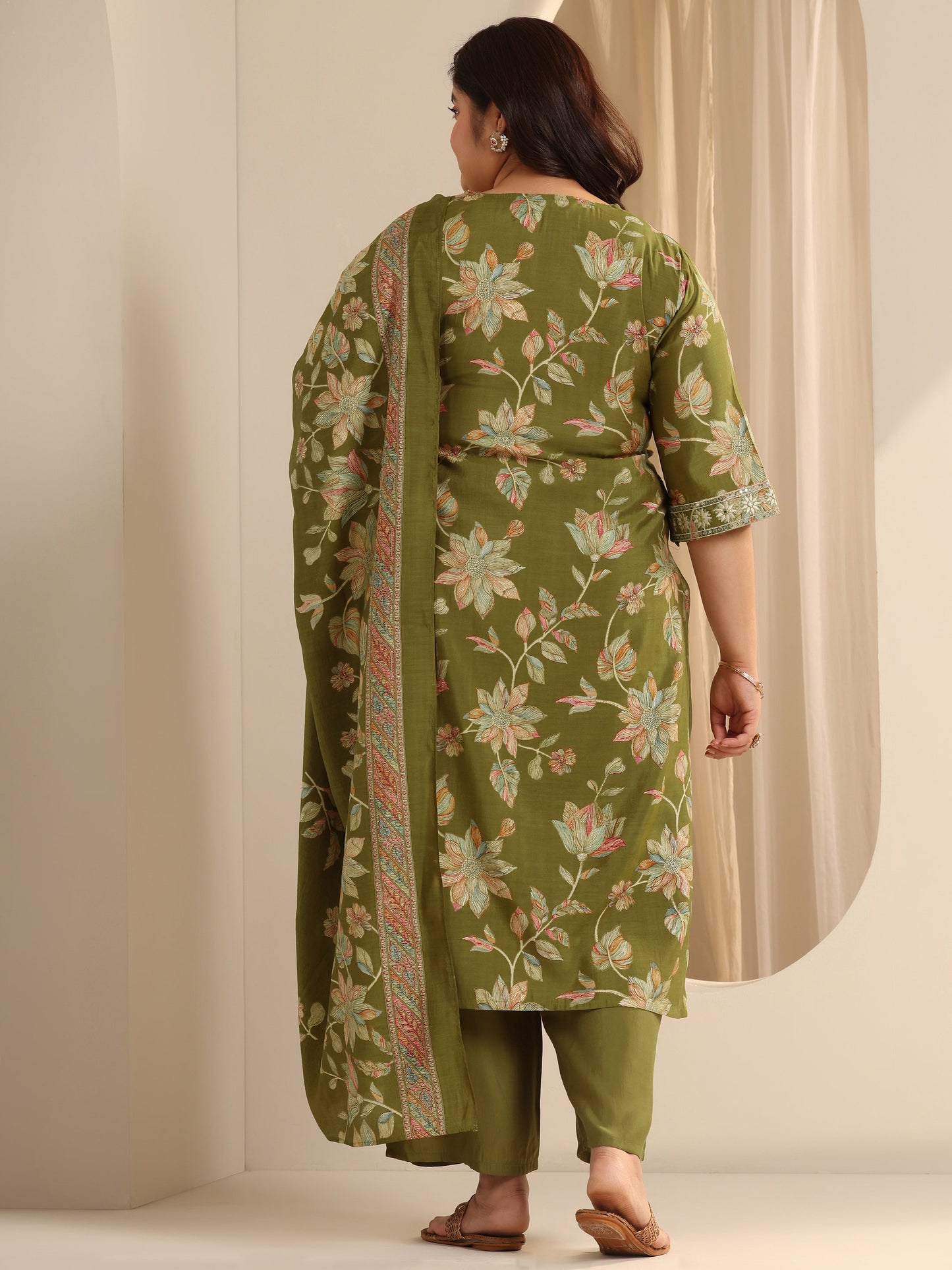 Olive Green Printed Silk blend Straight Suit Set With Dupatta