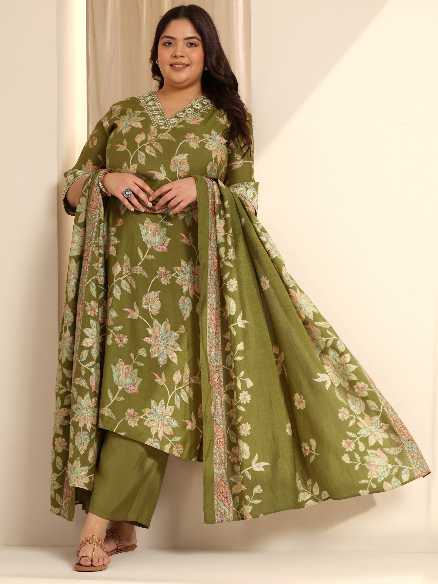 Olive Green Printed Silk blend Straight Suit Set With Dupatta