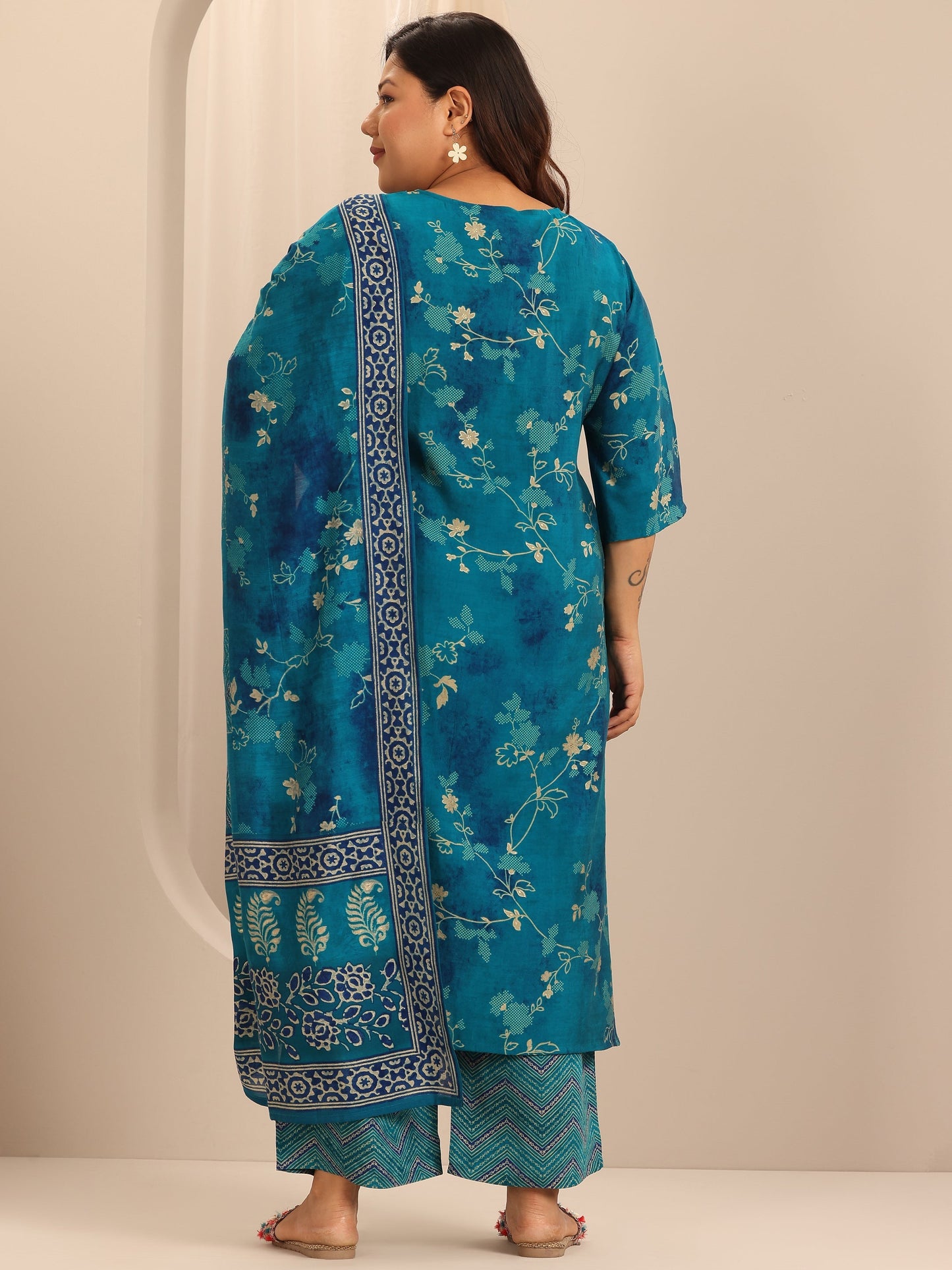 Plus Size Blue Printed Silk Blend Straight Suit Set With Dupatta