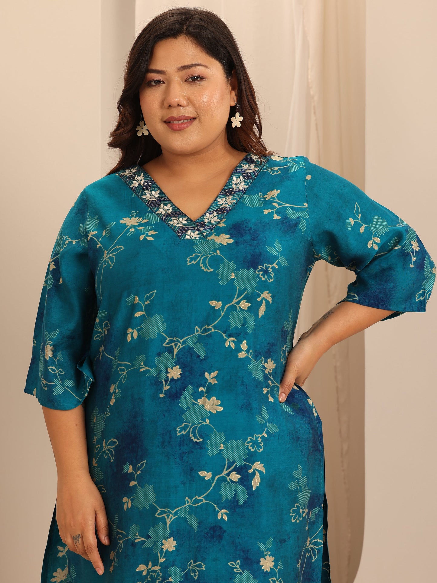 Plus Size Blue Printed Silk Blend Straight Suit Set With Dupatta