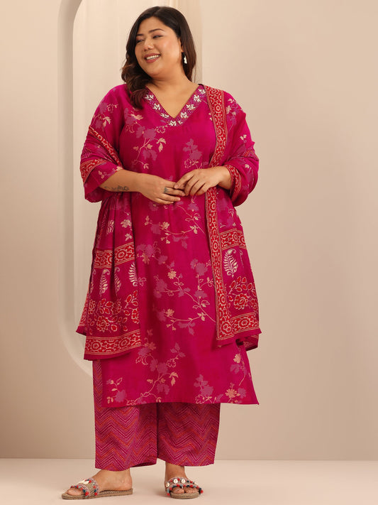 Plus Size Red Printed Silk Blend Straight Suit Set With Dupatta