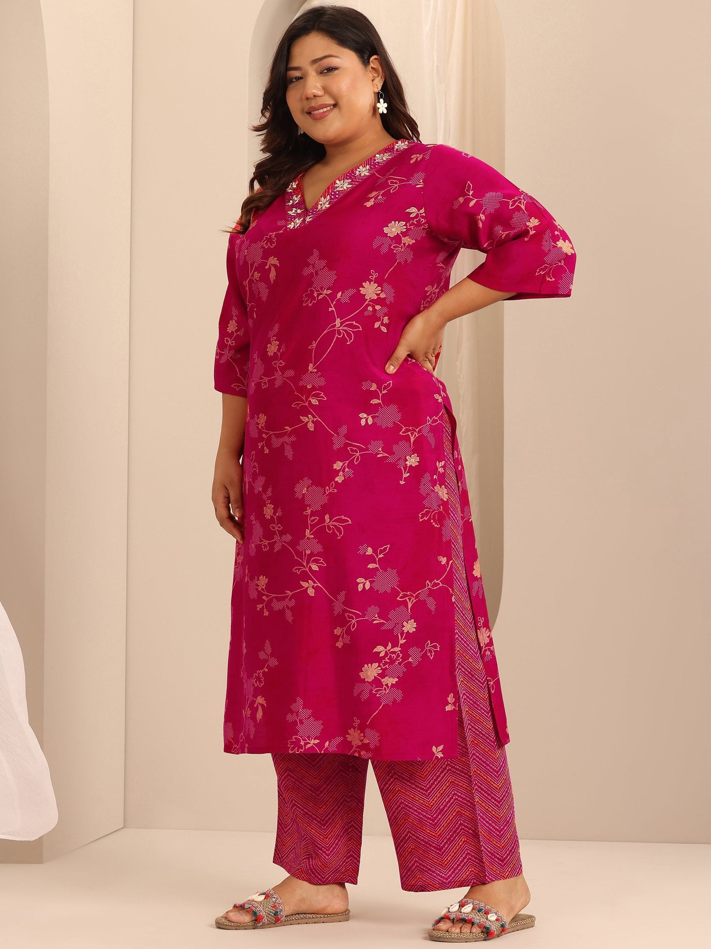 Plus Size Red Printed Silk Blend Straight Suit Set With Dupatta