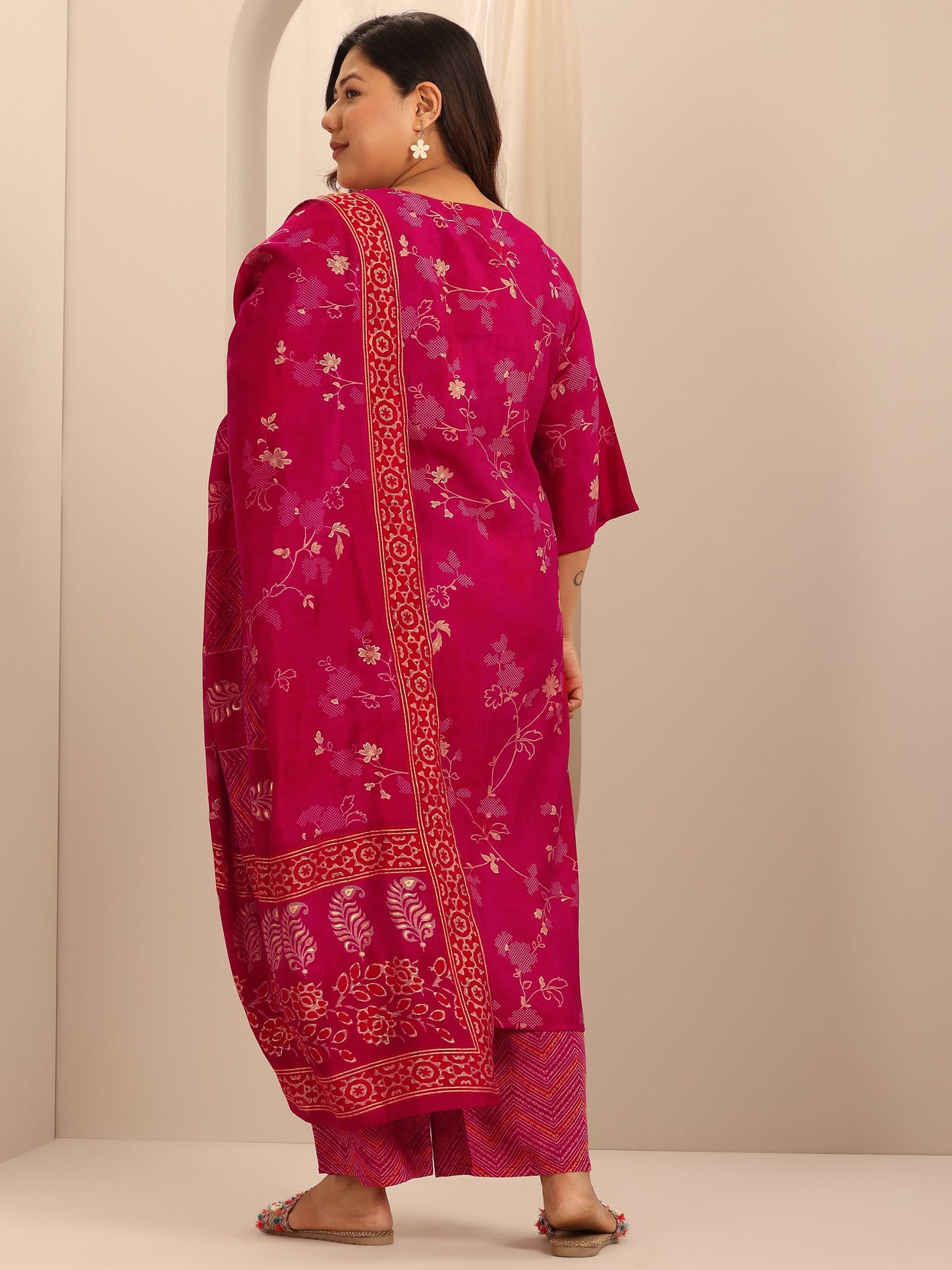 Plus Size Red Printed Silk Blend Straight Suit Set With Dupatta