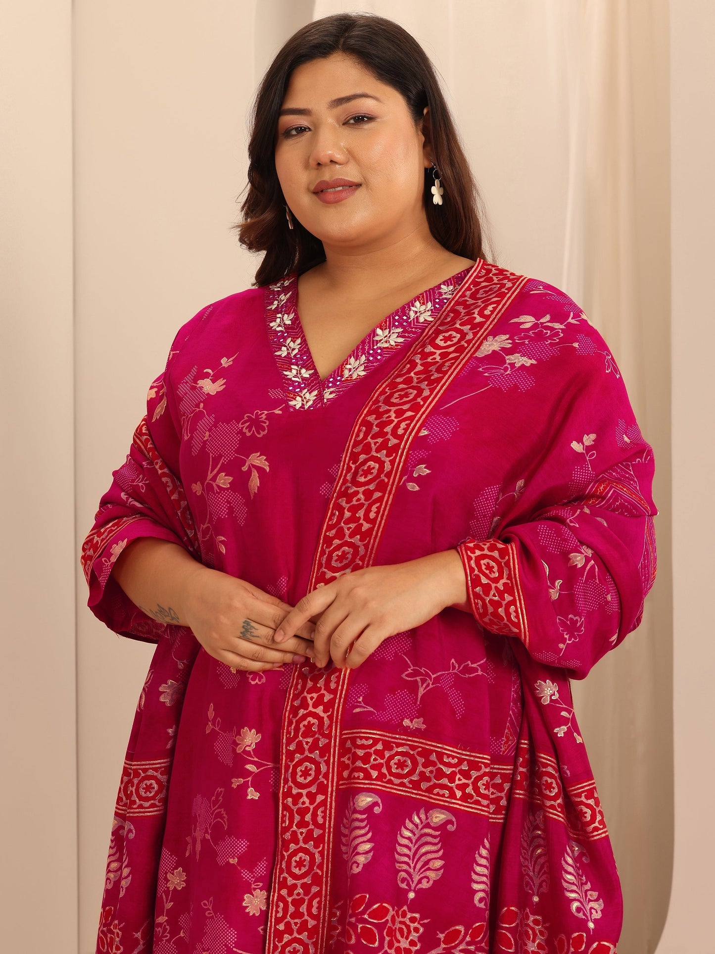 Plus Size Red Printed Silk Blend Straight Suit Set With Dupatta