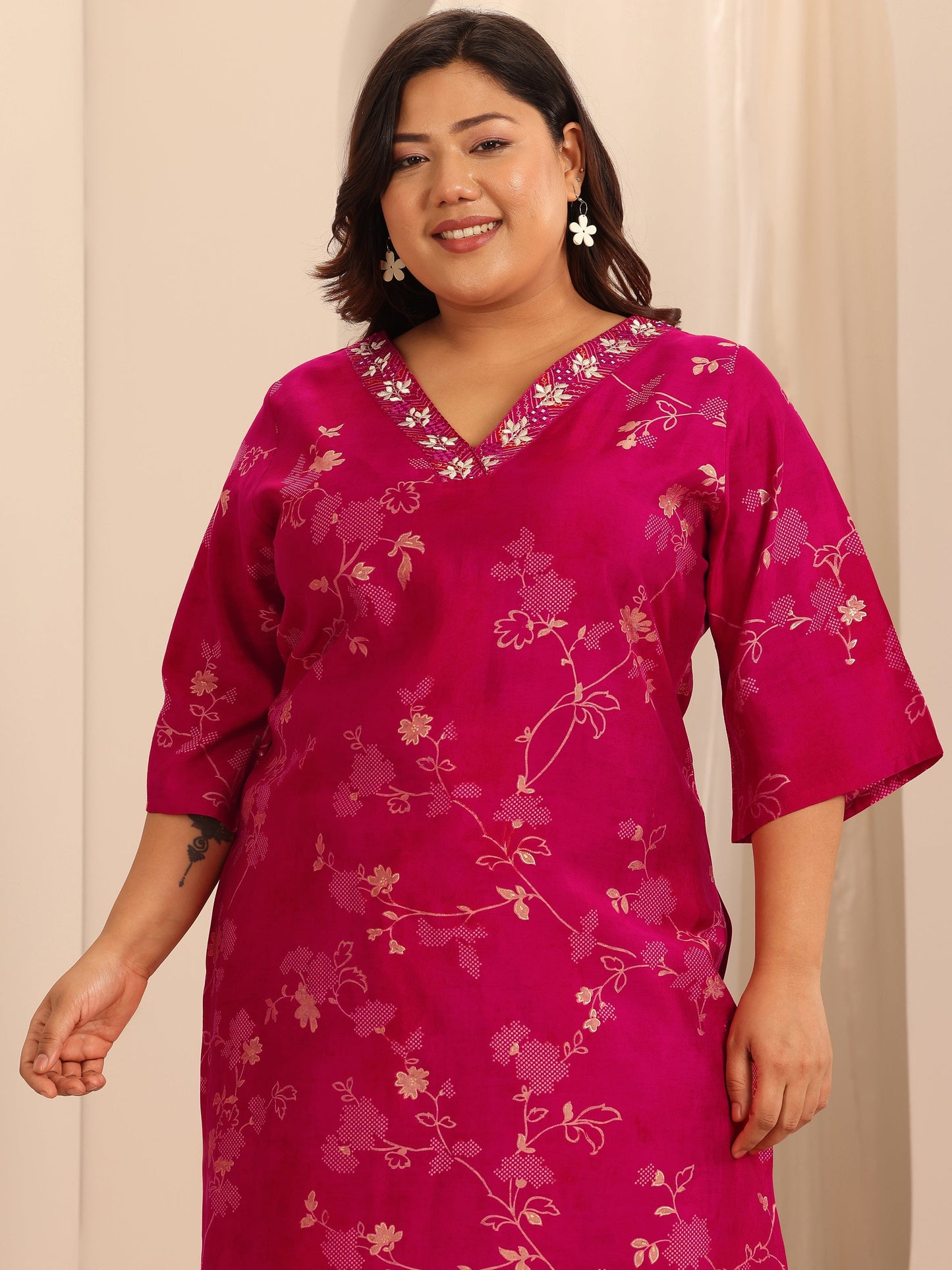 Plus Size Red Printed Silk Blend Straight Suit Set With Dupatta