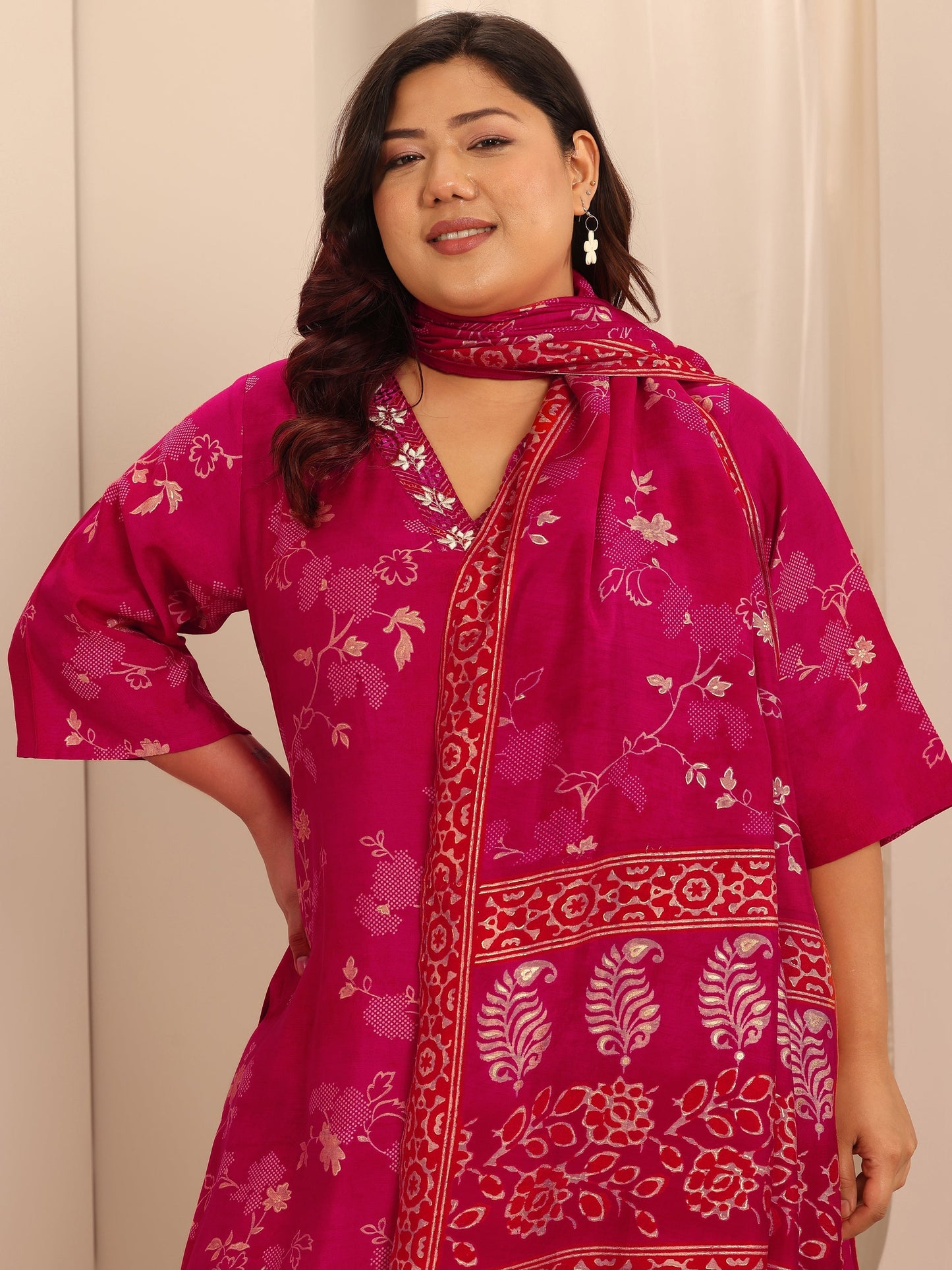 Plus Size Red Printed Silk Blend Straight Suit Set With Dupatta