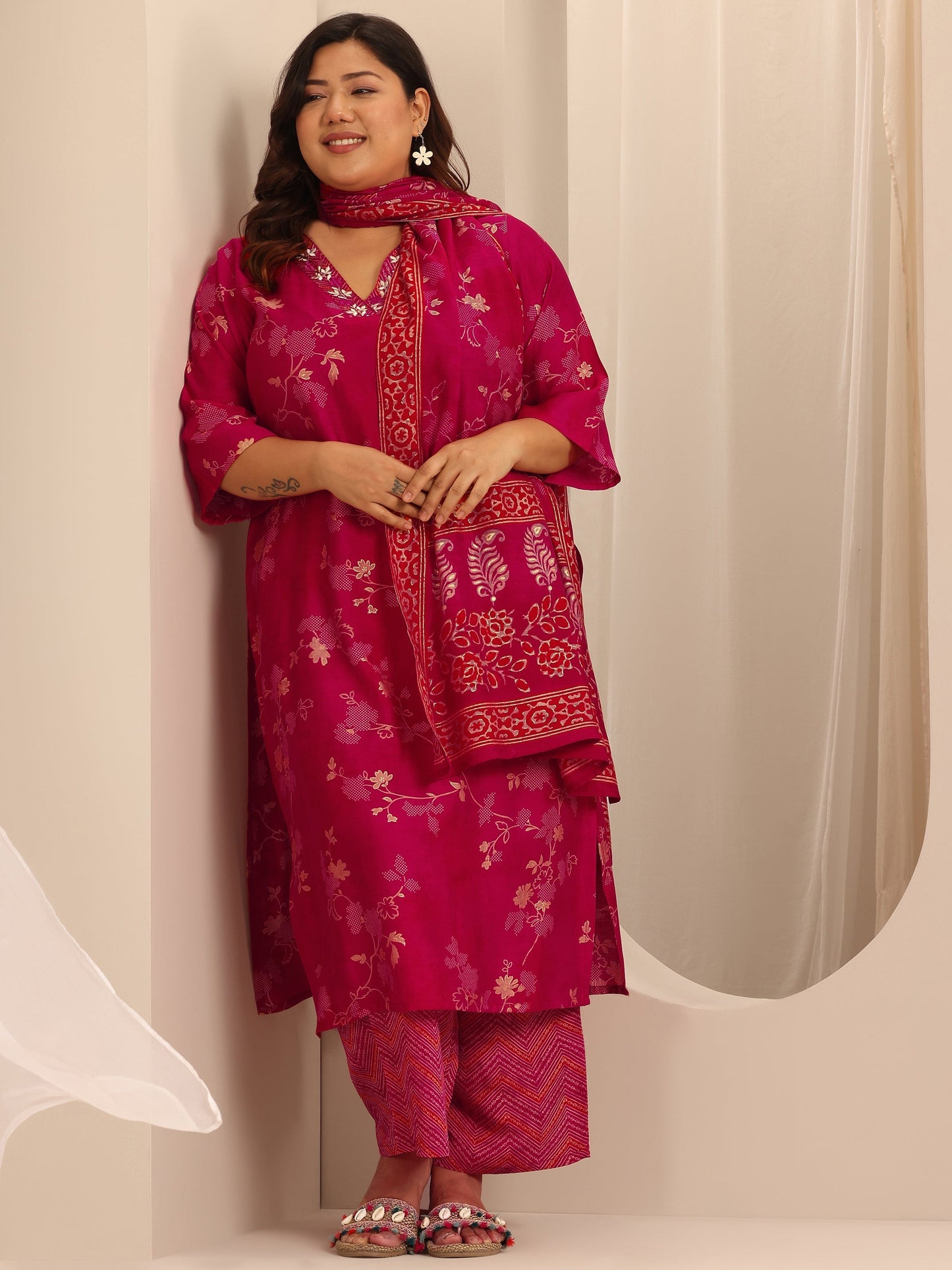 Plus Size Red Printed Silk Blend Straight Suit Set With Dupatta