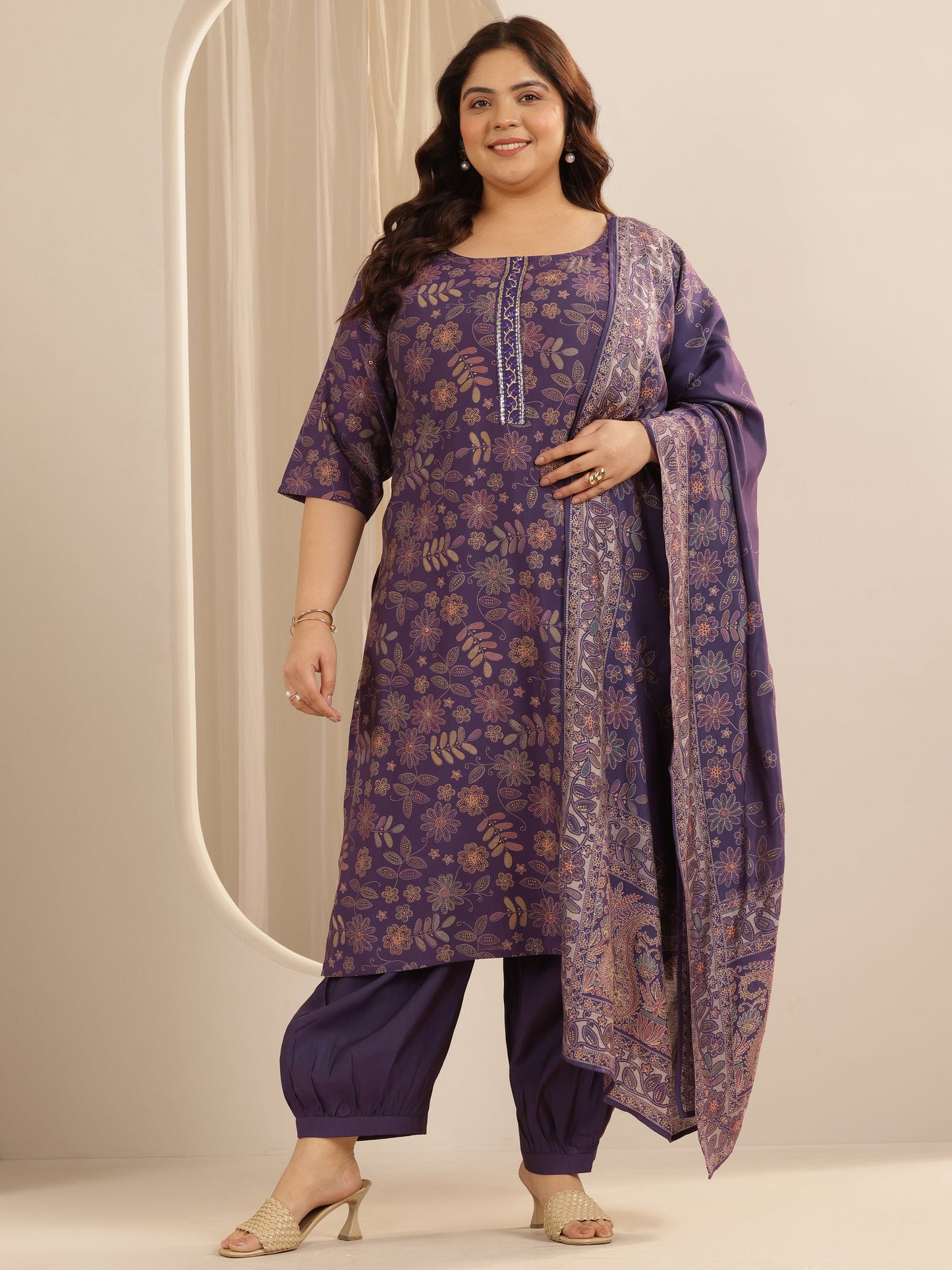 Plus Size Purple Printed Silk blend Straight Suit Set With Dupatta