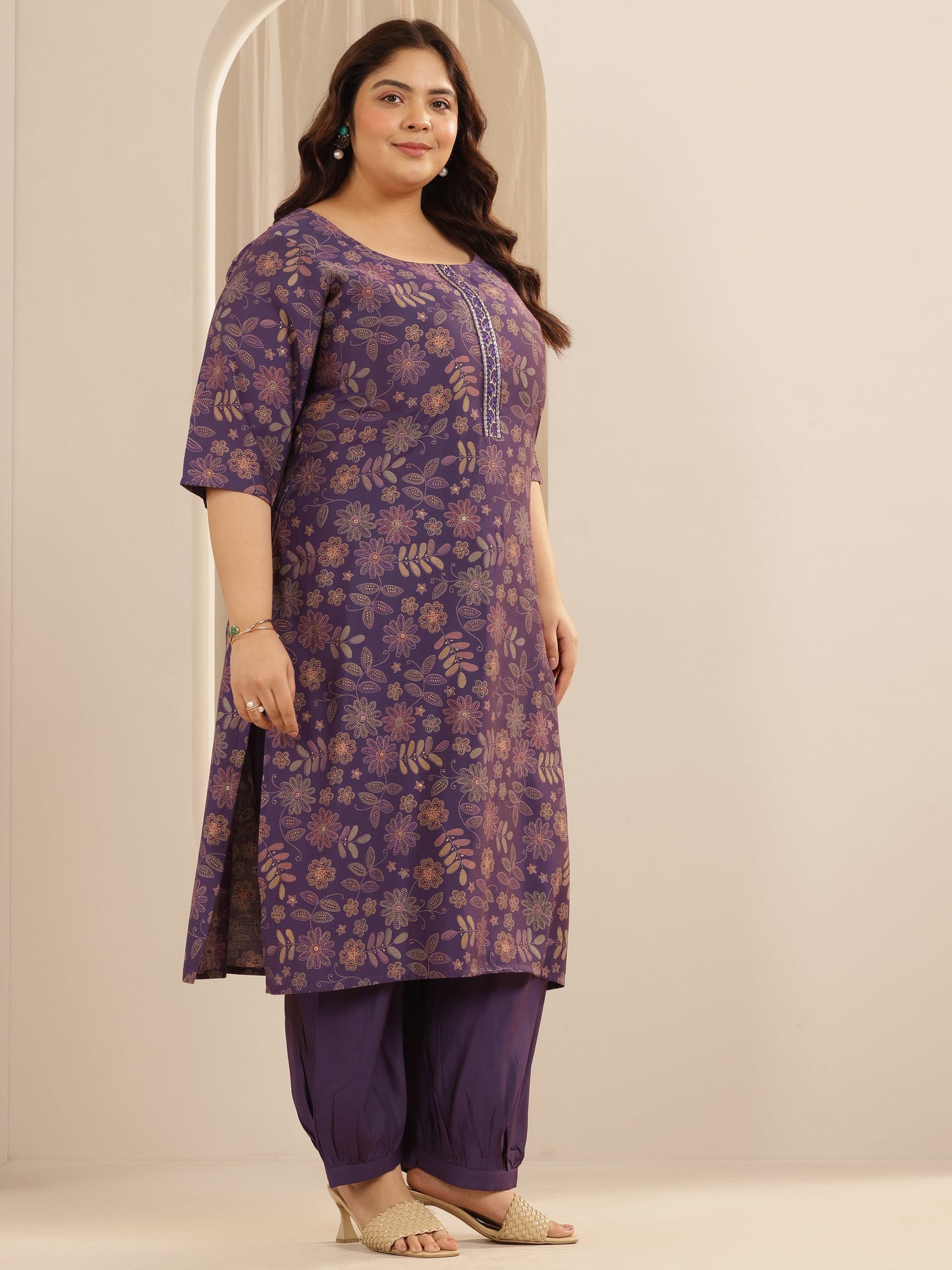 Plus Size Purple Printed Silk blend Straight Suit Set With Dupatta
