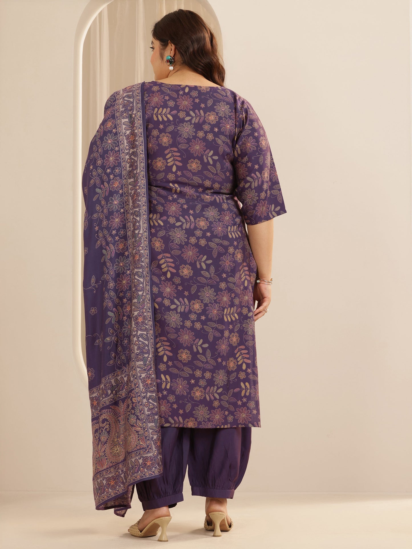 Plus Size Purple Printed Silk blend Straight Suit Set With Dupatta
