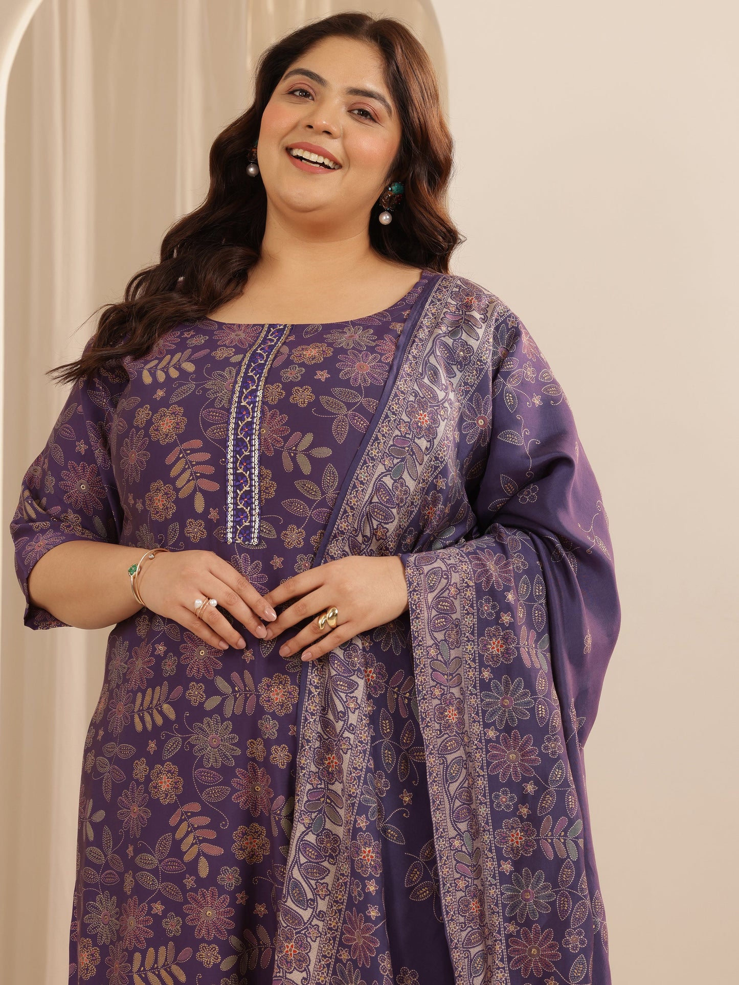 Plus Size Purple Printed Silk blend Straight Suit Set With Dupatta