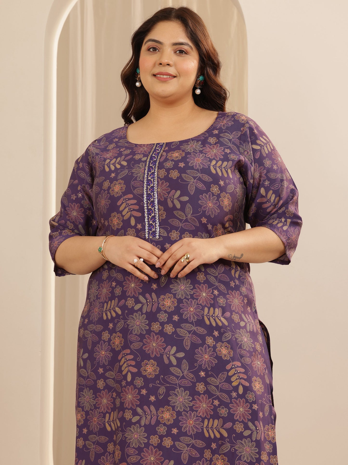 Plus Size Purple Printed Silk blend Straight Suit Set With Dupatta