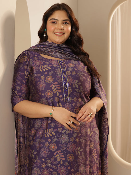 Plus Size Purple Printed Silk blend Straight Suit Set With Dupatta