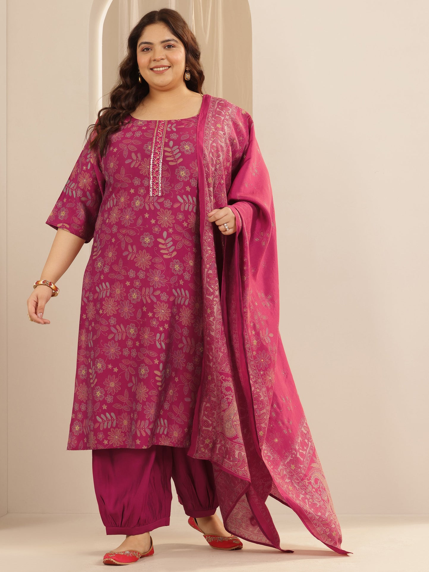 Plus Size Pink Printed Silk blend Straight Suit Set With Dupatta