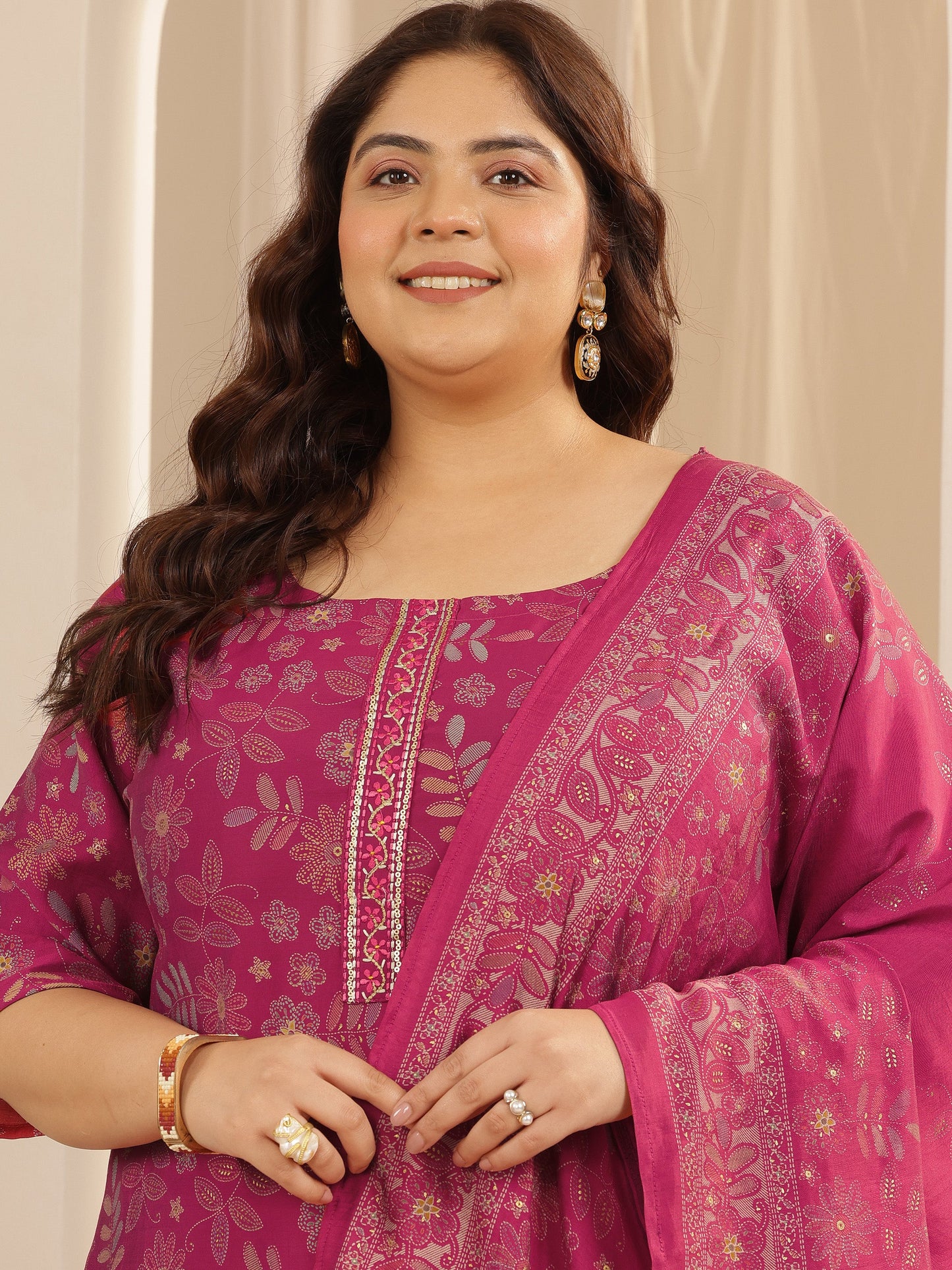 Plus Size Pink Printed Silk blend Straight Suit Set With Dupatta