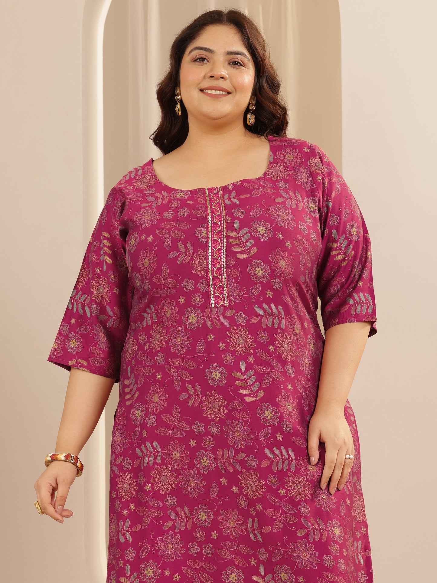 Plus Size Pink Printed Silk blend Straight Suit Set With Dupatta