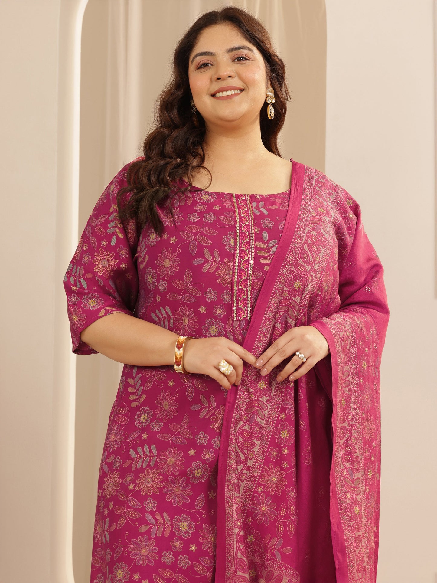 Plus Size Pink Printed Silk blend Straight Suit Set With Dupatta