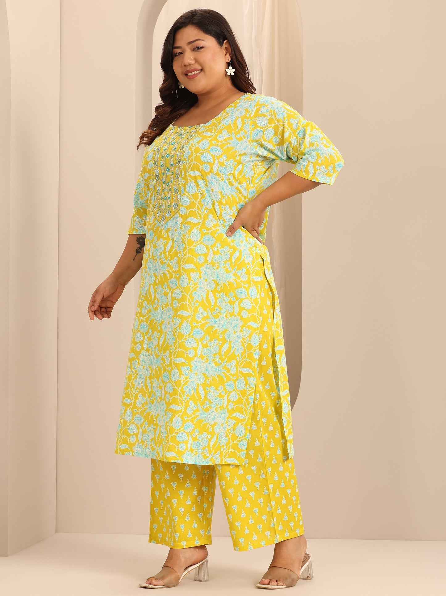 Plus Size Yellow Printed Cotton Straight Suit Set With Dupatta