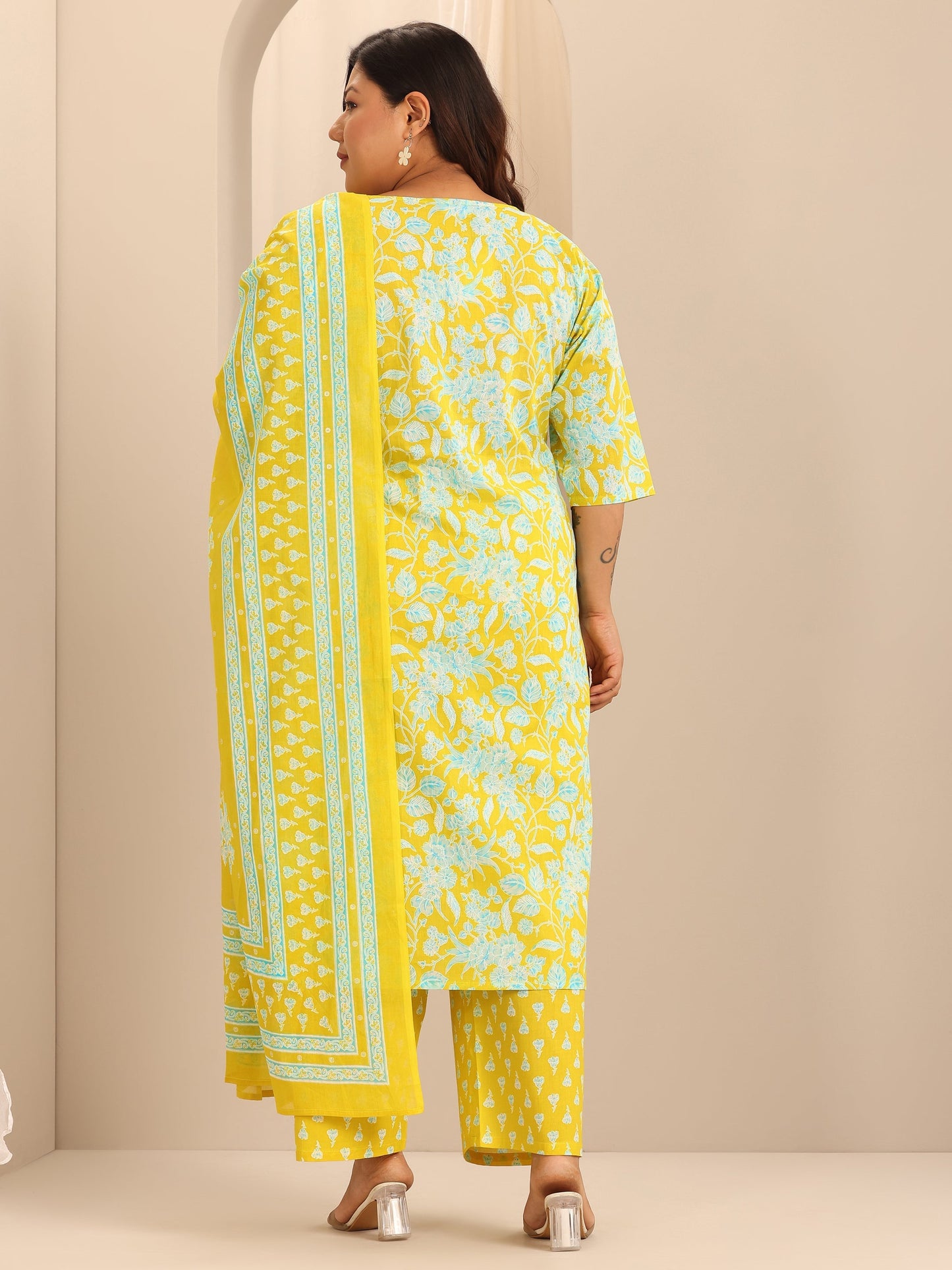 Plus Size Yellow Printed Cotton Straight Suit Set With Dupatta