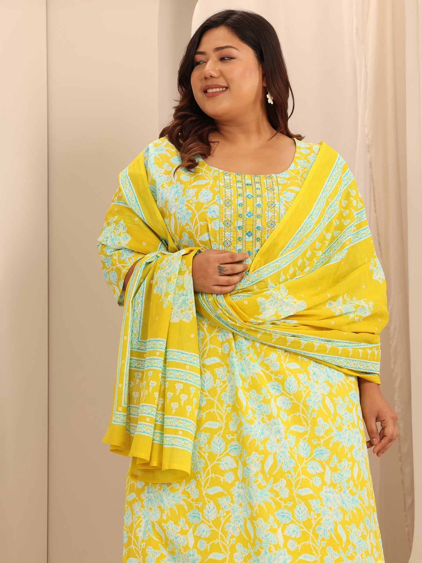 Plus Size Yellow Printed Cotton Straight Suit Set With Dupatta
