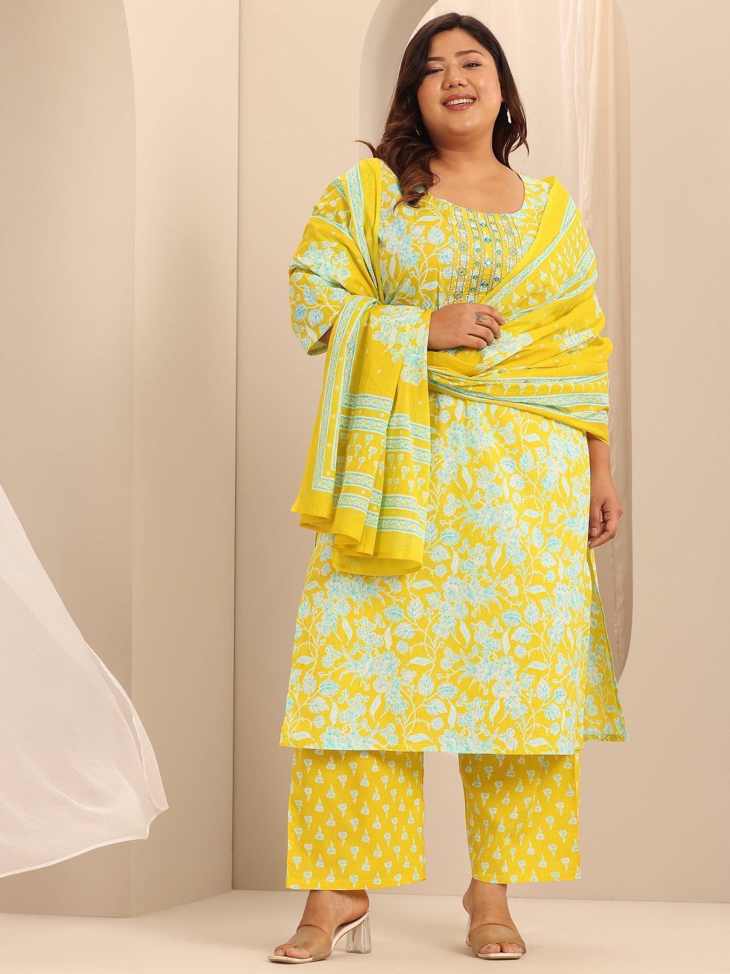 Plus Size Yellow Printed Cotton Straight Suit Set With Dupatta