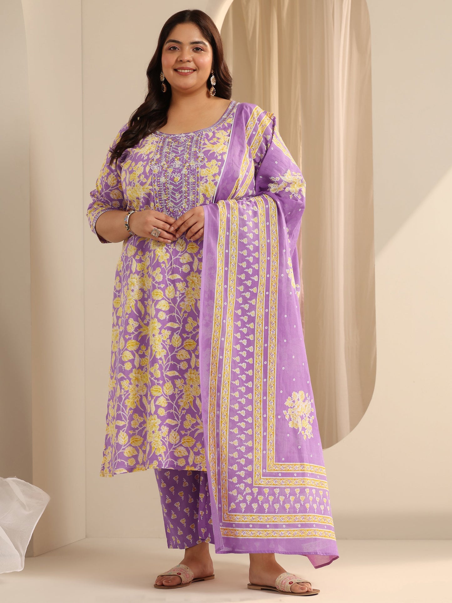Plus Size Lavender Printed Cotton Straight Suit Set With Dupatta