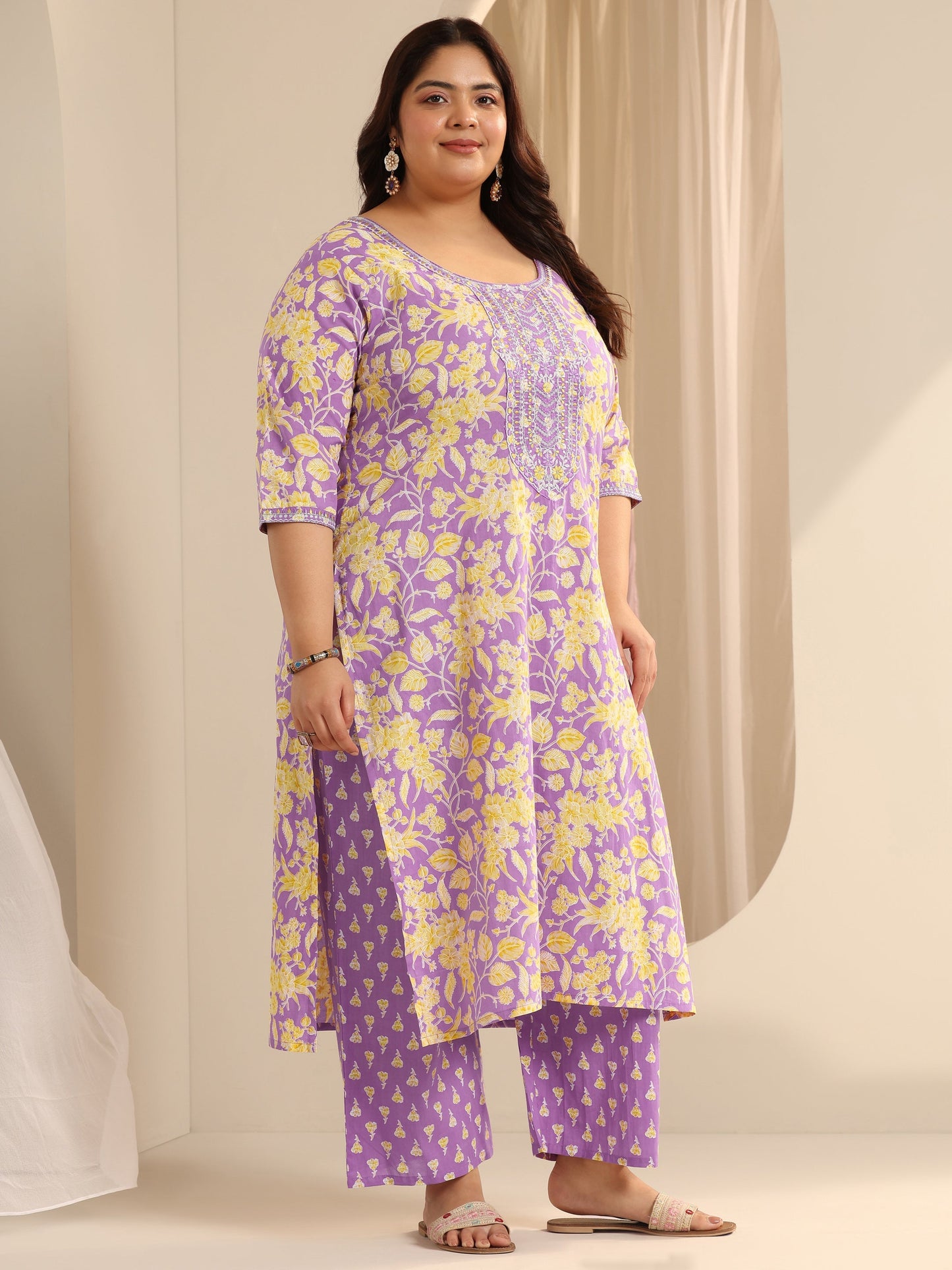 Plus Size Lavender Printed Cotton Straight Suit Set With Dupatta