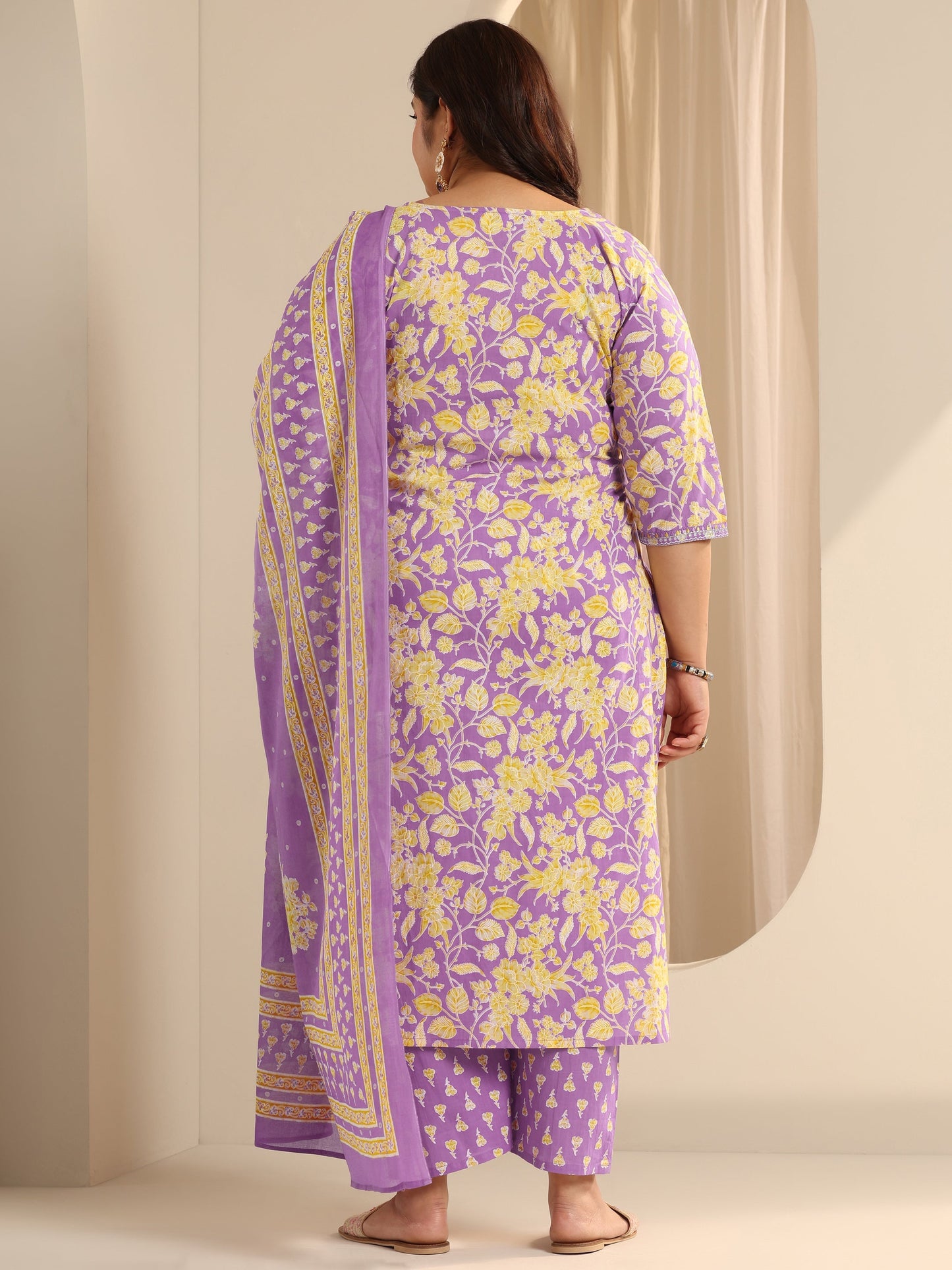 Plus Size Lavender Printed Cotton Straight Suit Set With Dupatta