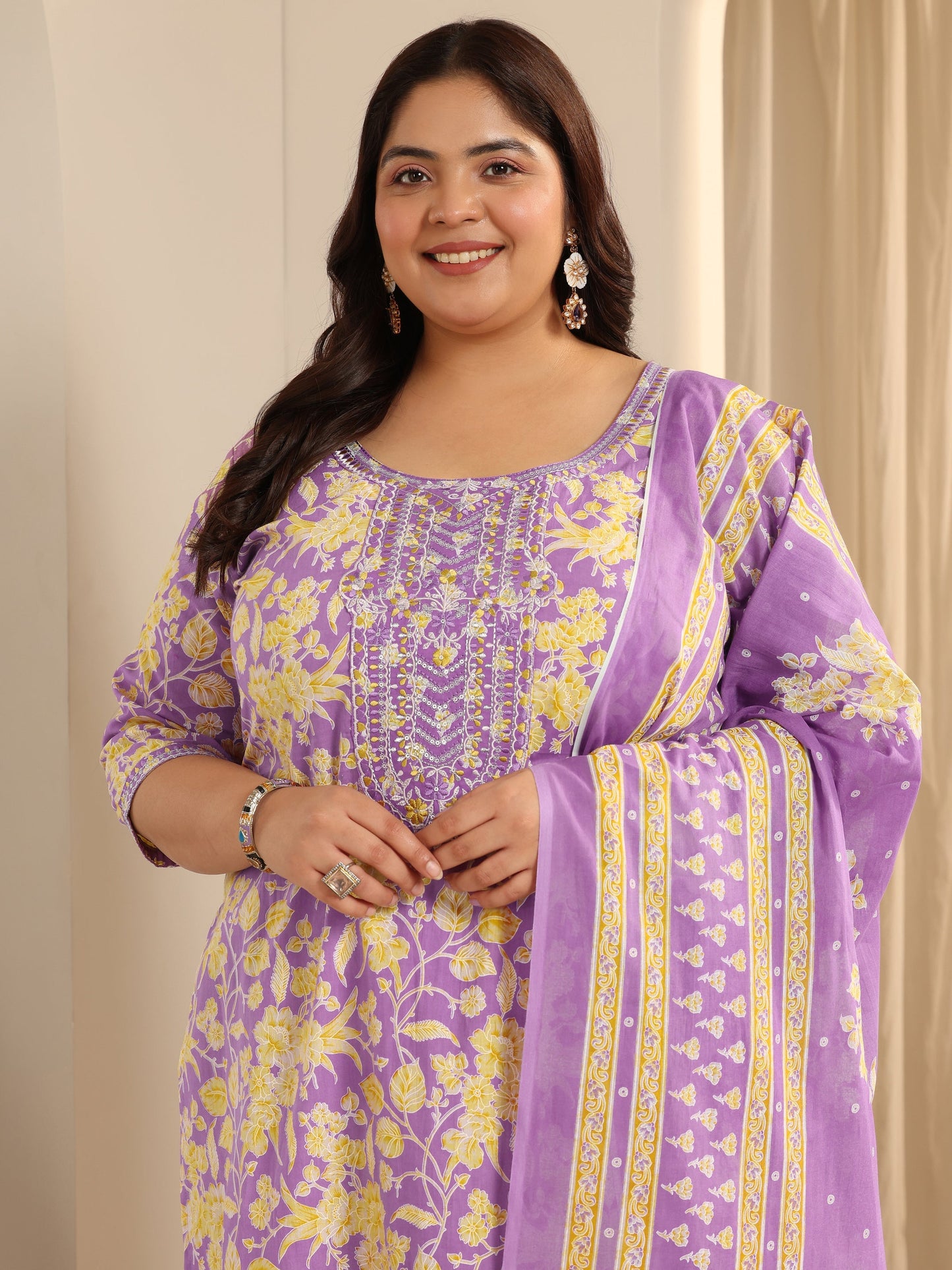 Plus Size Lavender Printed Cotton Straight Suit Set With Dupatta