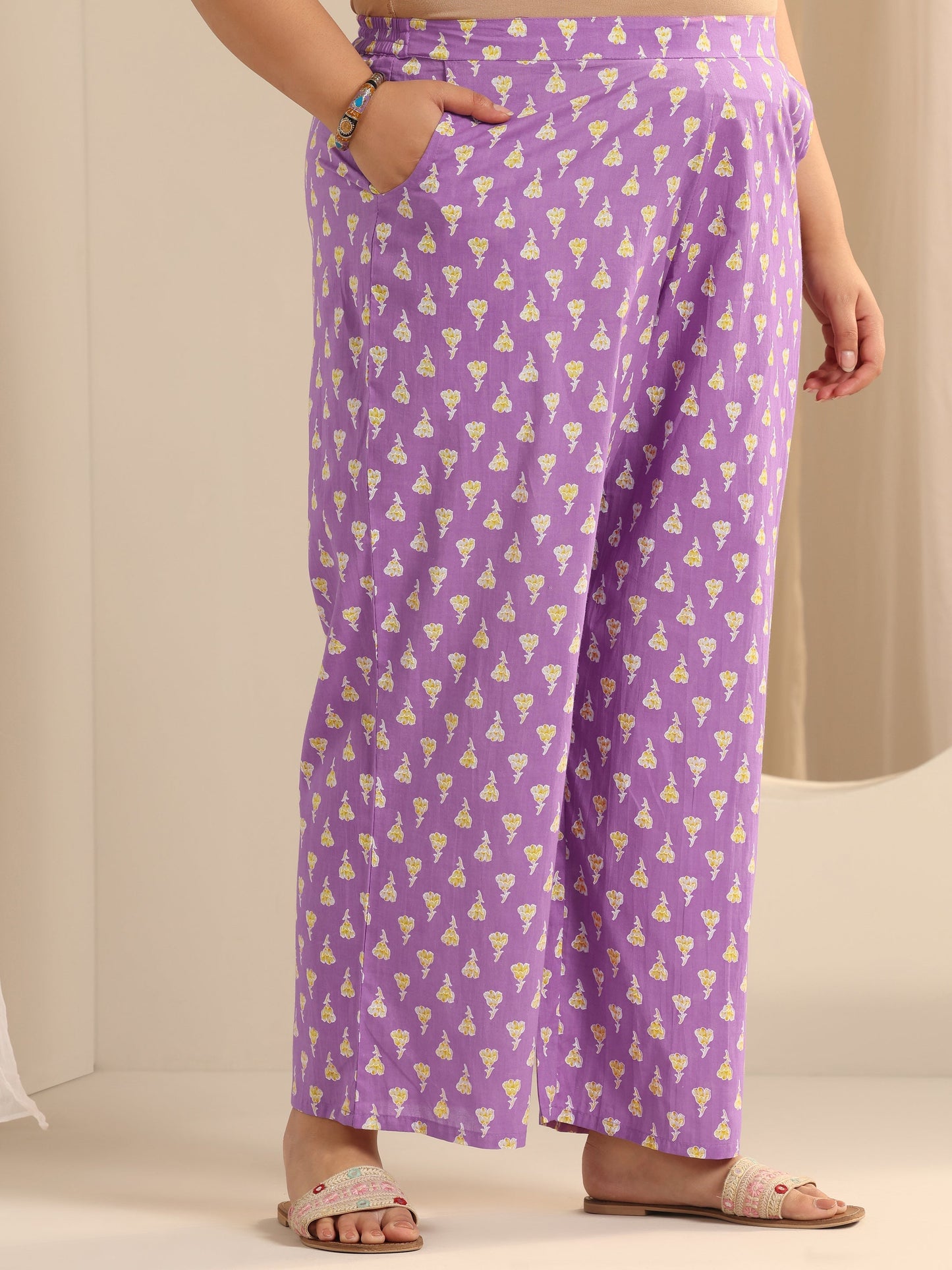 Plus Size Lavender Printed Cotton Straight Suit Set With Dupatta