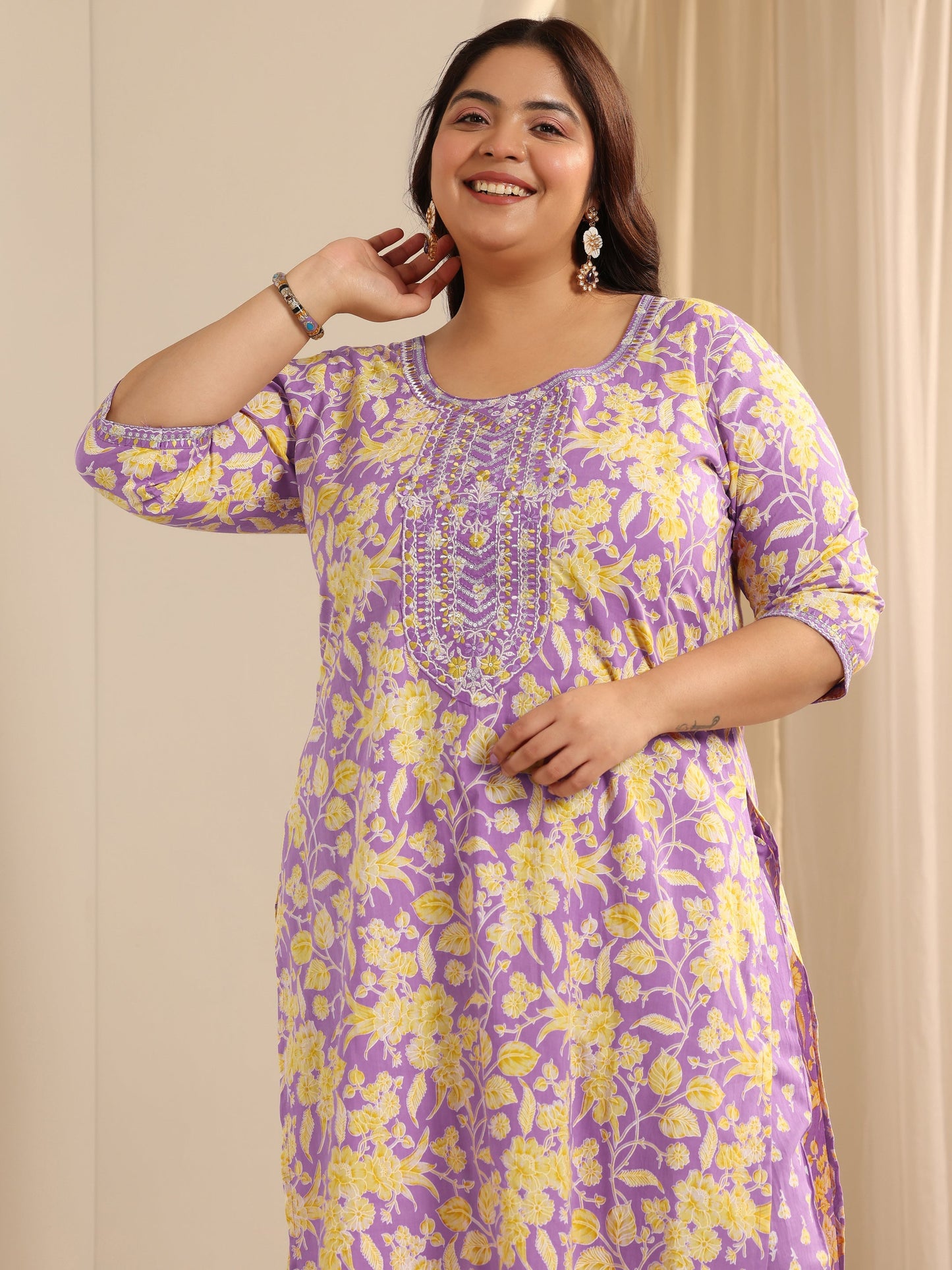 Plus Size Lavender Printed Cotton Straight Suit Set With Dupatta
