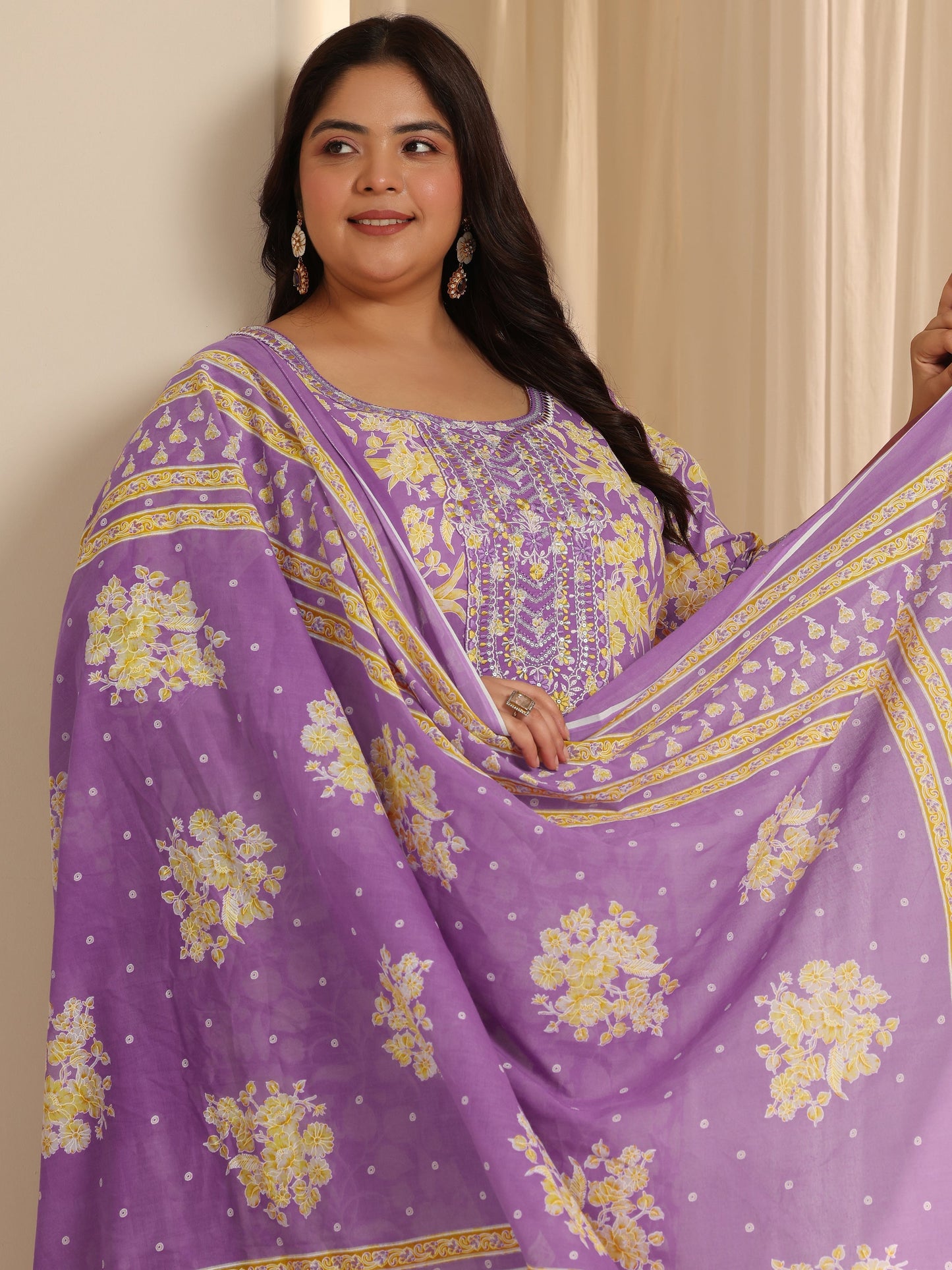 Plus Size Lavender Printed Cotton Straight Suit Set With Dupatta