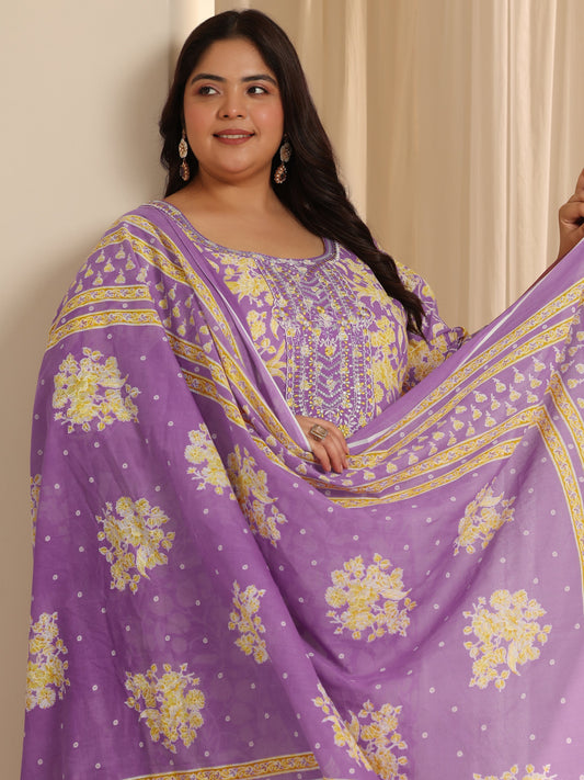 Plus Size Lavender Printed Cotton Straight Suit Set With Dupatta