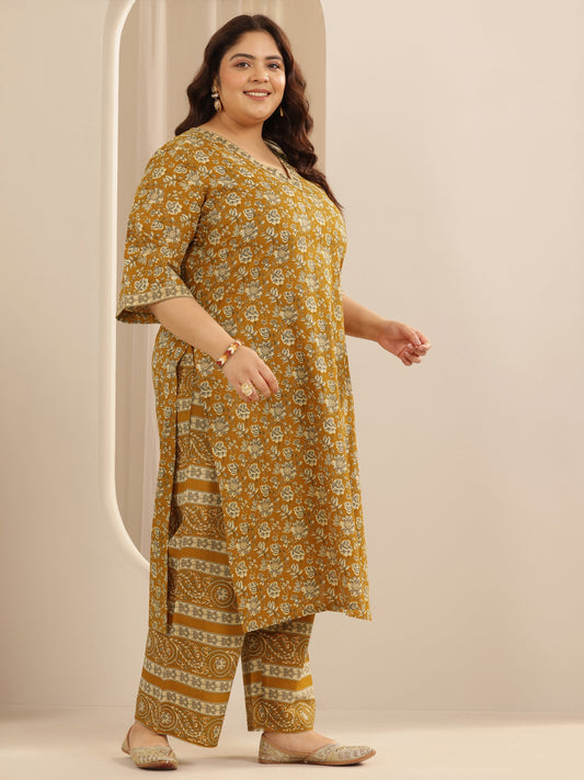 Plus Size Mustard Printed Cotton Straight Suit Set With Dupatta