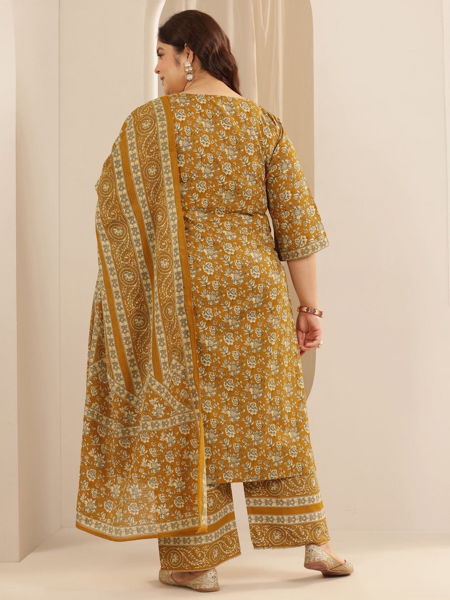 Plus Size Mustard Printed Cotton Straight Suit Set With Dupatta