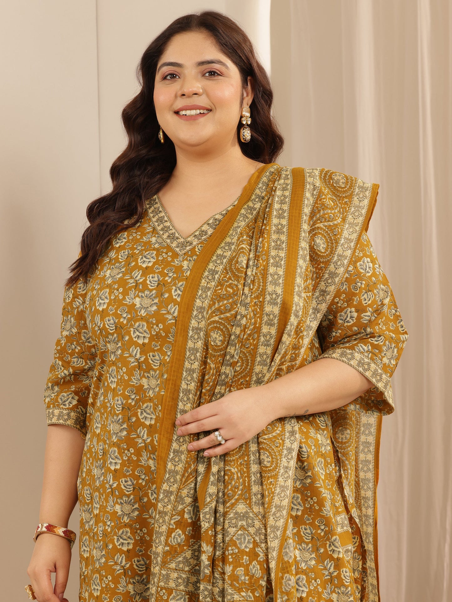 Plus Size Mustard Printed Cotton Straight Suit Set With Dupatta