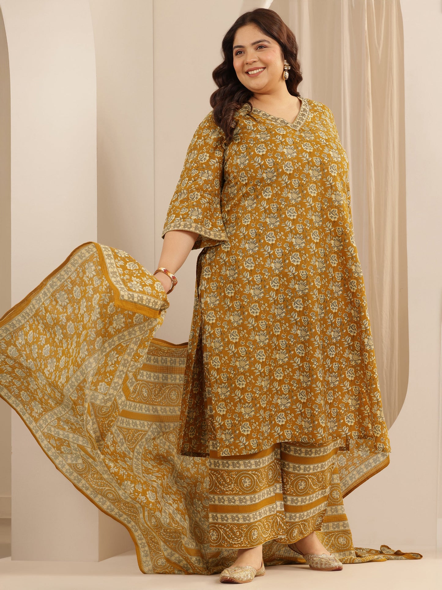 Plus Size Mustard Printed Cotton Straight Suit Set With Dupatta