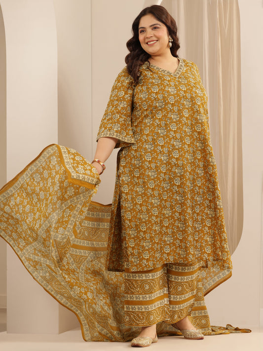 Plus Size Mustard Printed Cotton Straight Suit Set With Dupatta