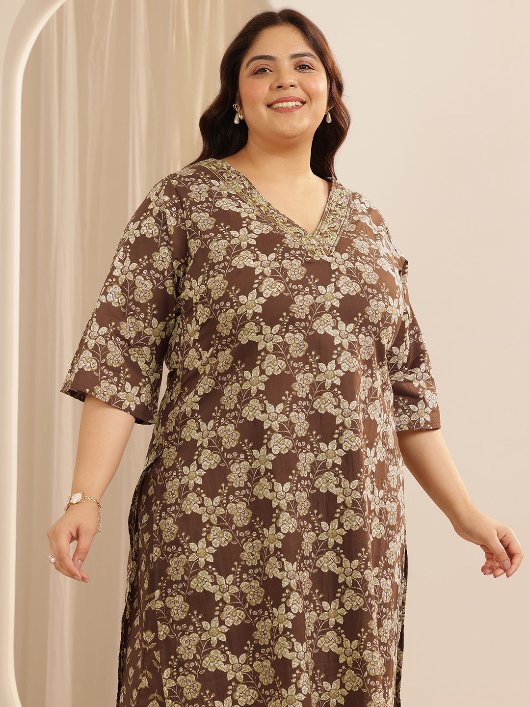 Plus Size Brown Printed Cotton Straight Suit Set With Dupatta