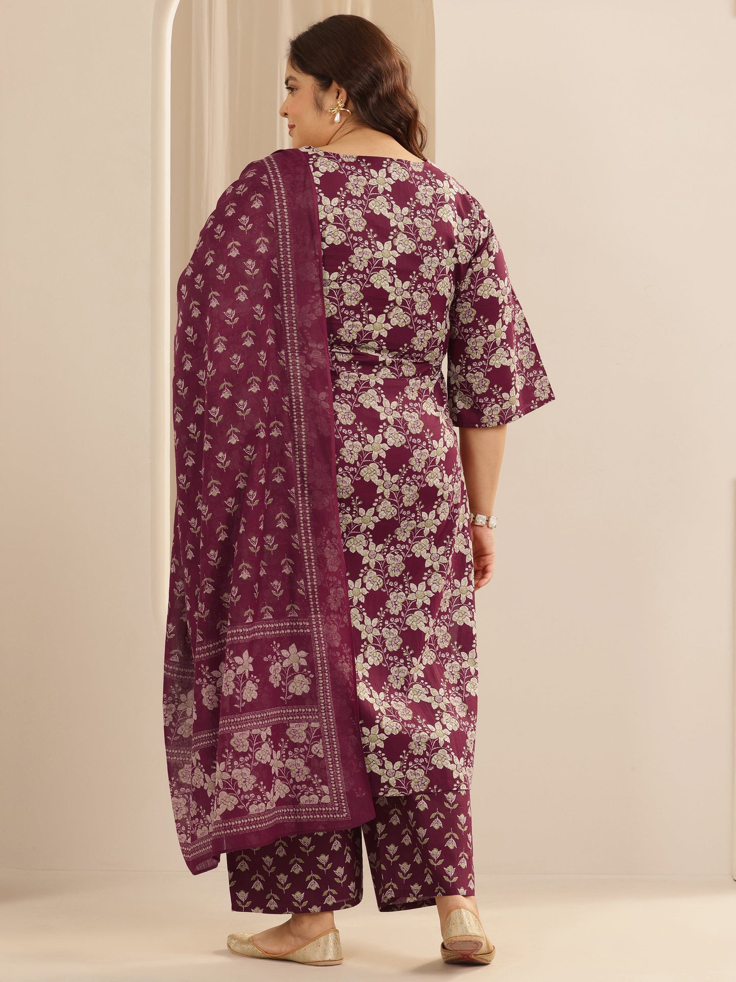 Plus Size Burgundy Printed Cotton Straight Suit Set With Dupatta