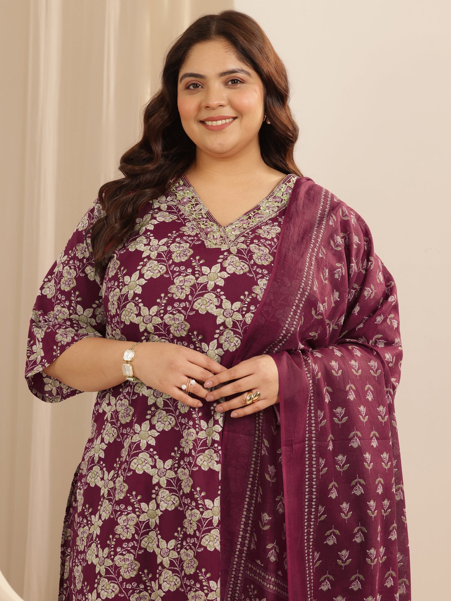 Plus Size Burgundy Printed Cotton Straight Suit Set With Dupatta