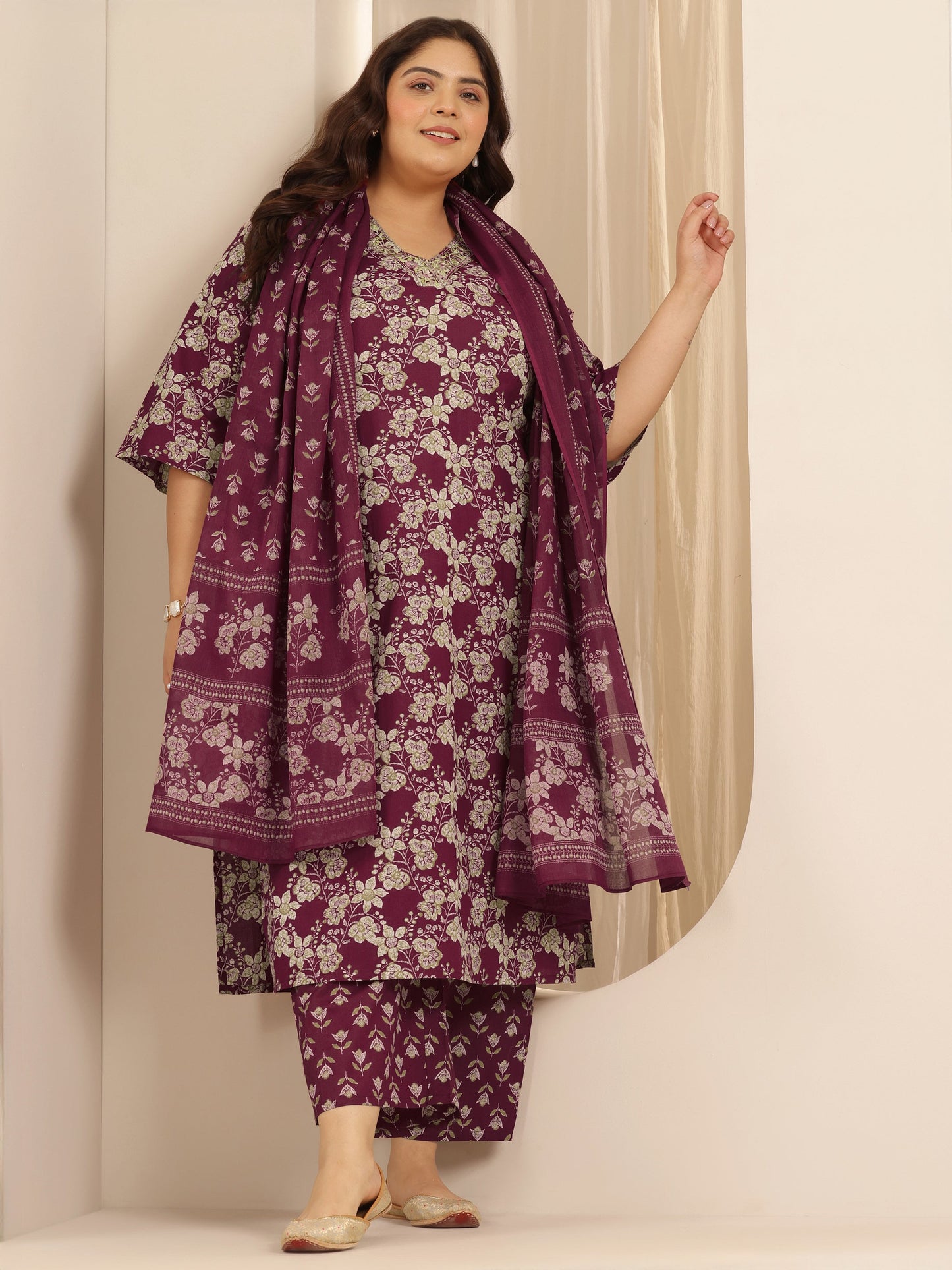 Plus Size Burgundy Printed Cotton Straight Suit Set With Dupatta