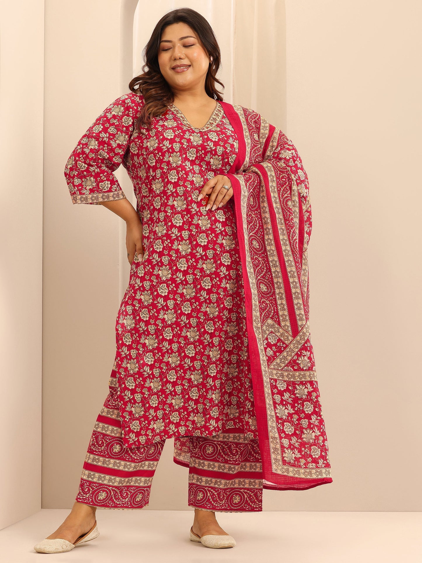Plus Size Red Printed Cotton Straight Suit Set With Dupatta