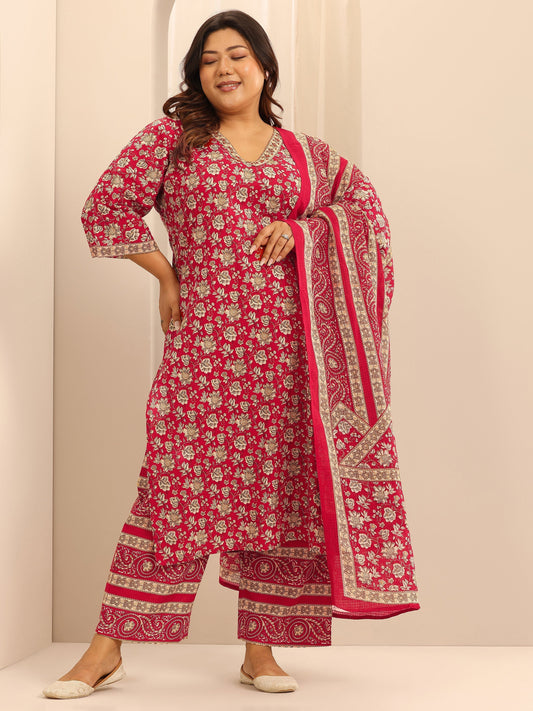 Plus Size Red Printed Cotton Straight Suit Set With Dupatta