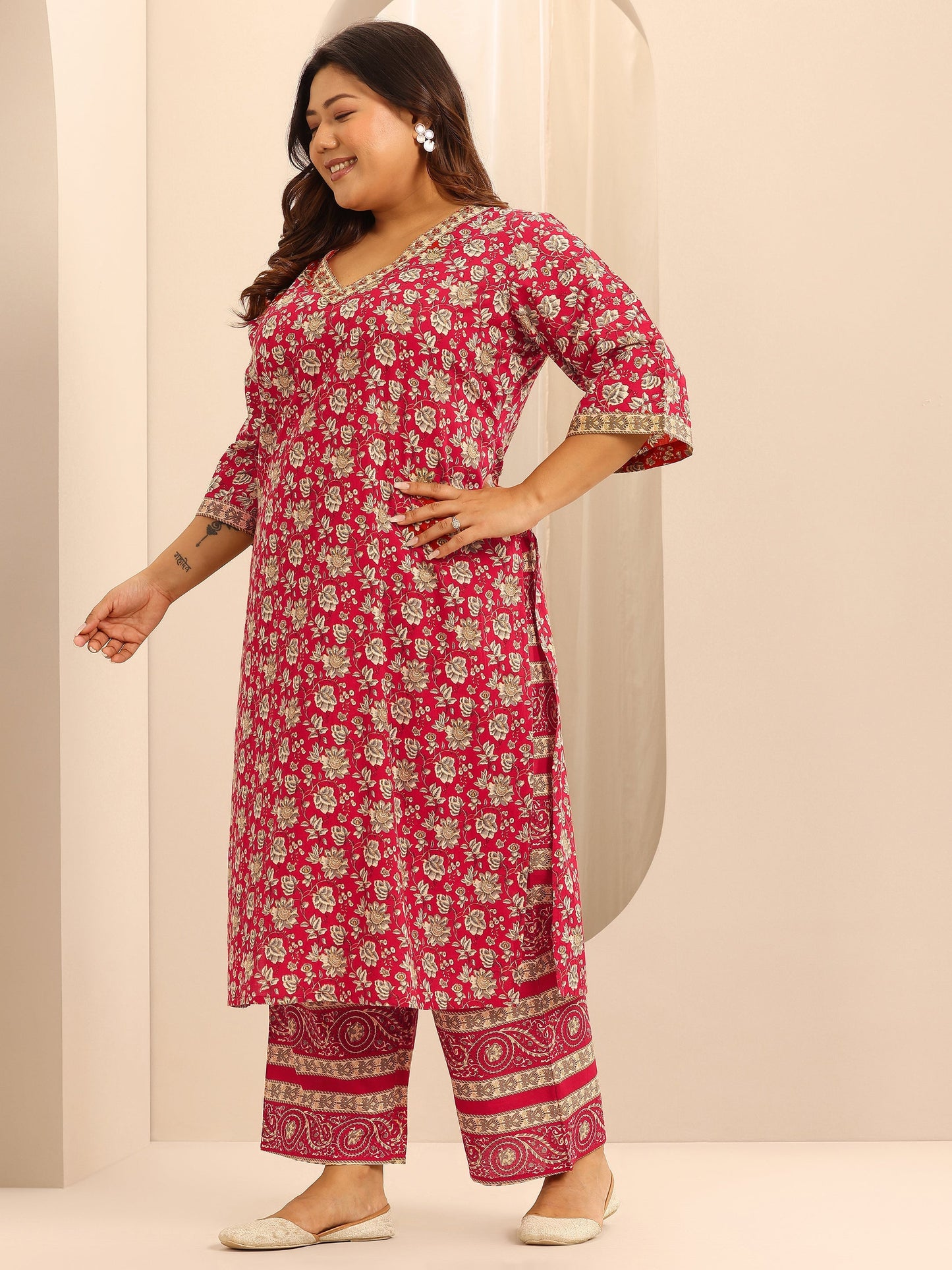 Plus Size Red Printed Cotton Straight Suit Set With Dupatta