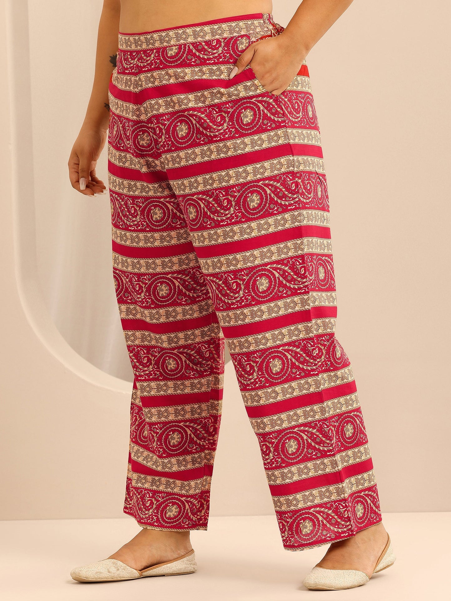 Plus Size Red Printed Cotton Straight Suit Set With Dupatta