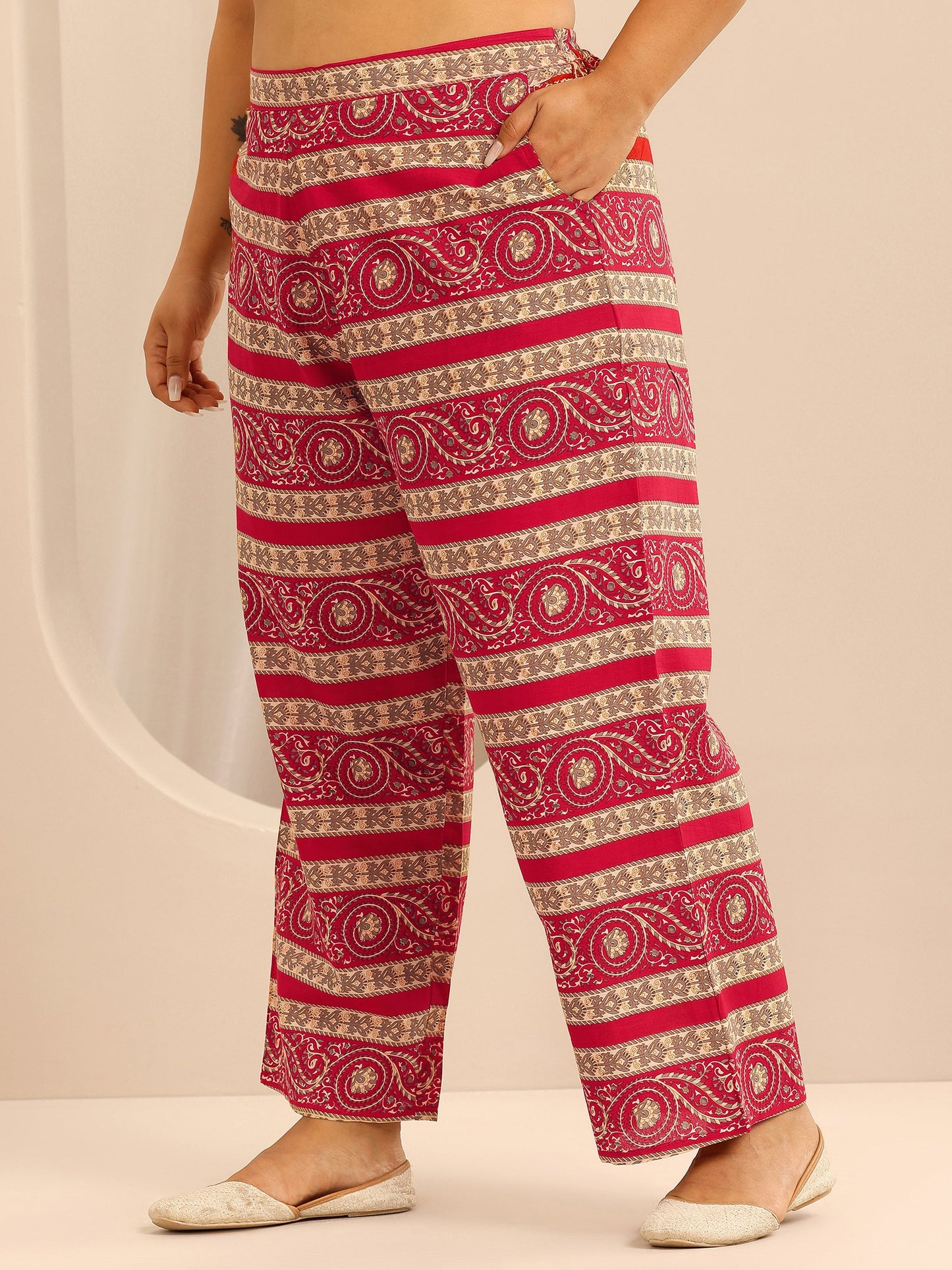 Plus Size Red Printed Cotton Straight Suit Set With Dupatta